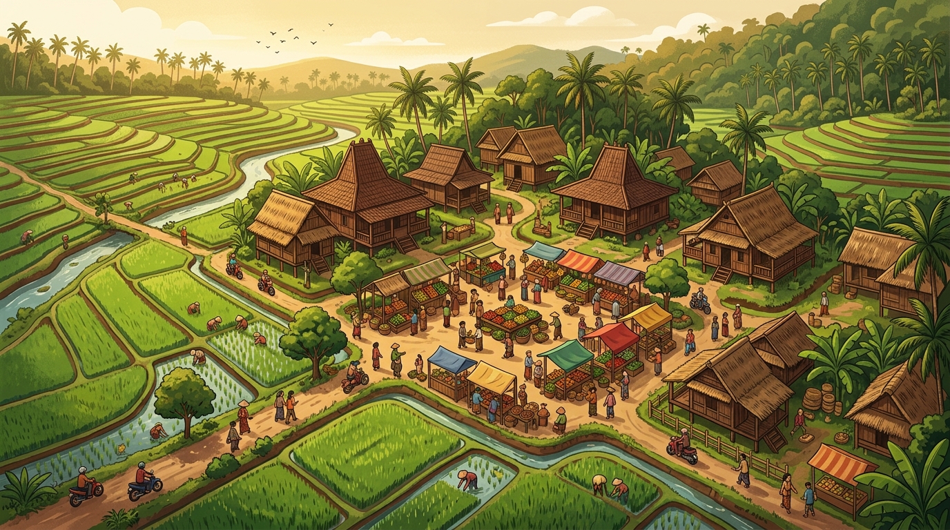 Ilustrasi desa dan pasar komoditi lokal